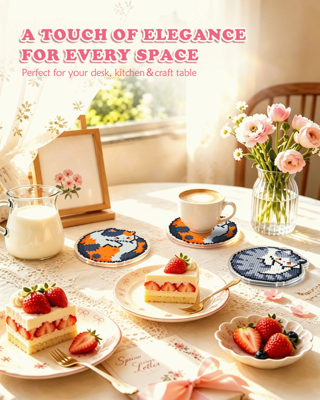 Cat Lover Diamond Painting Coaster Set | 9-Piece DIY Sparkling Acrylic Drink Coasters