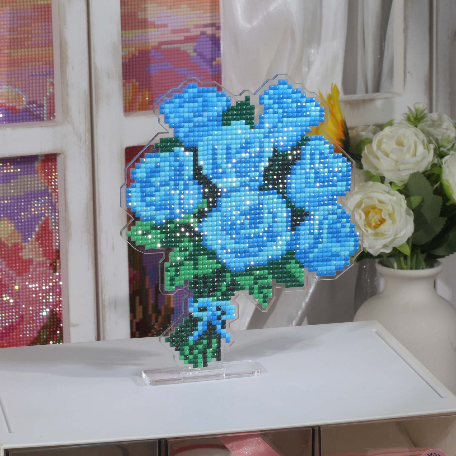 Blue Rose Bouquet Acrylic Diamond Art Display Stand