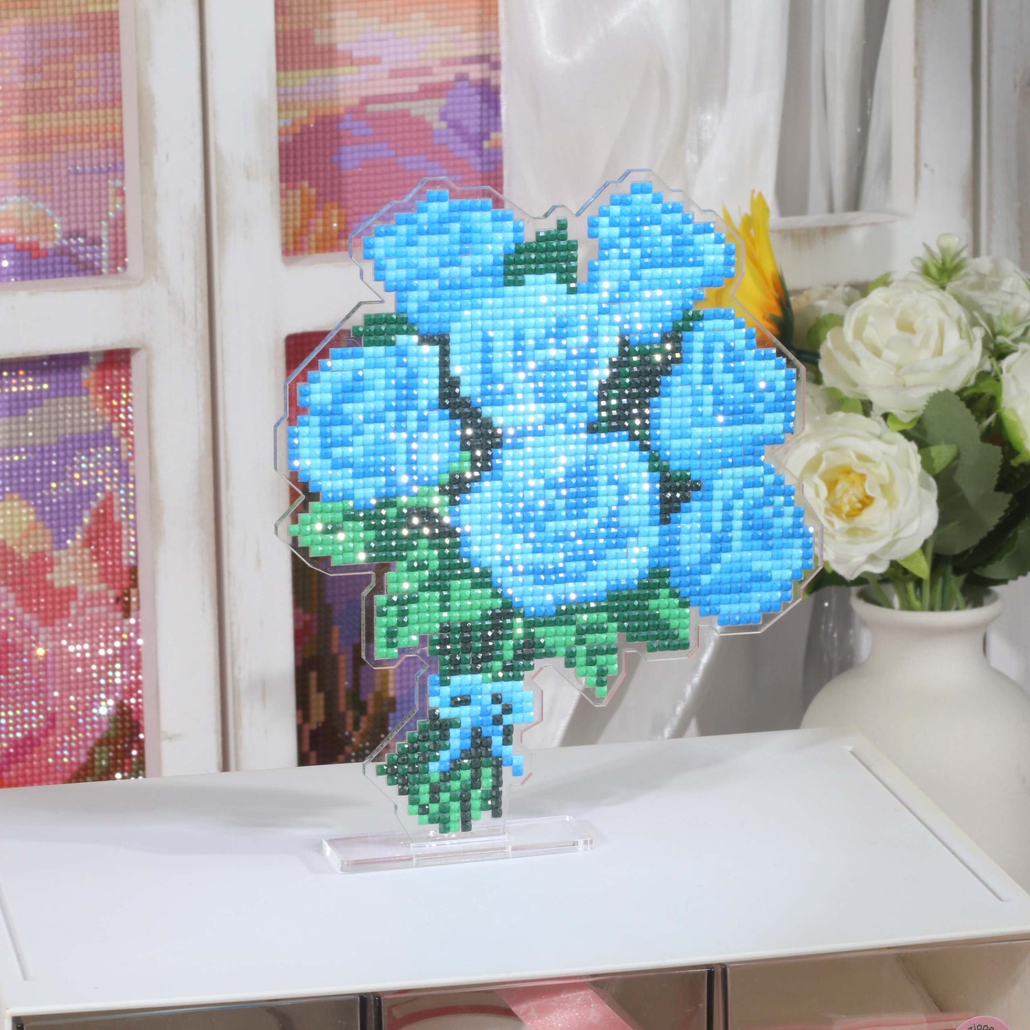 Blue Rose Bouquet Acrylic Diamond Art Display Stand