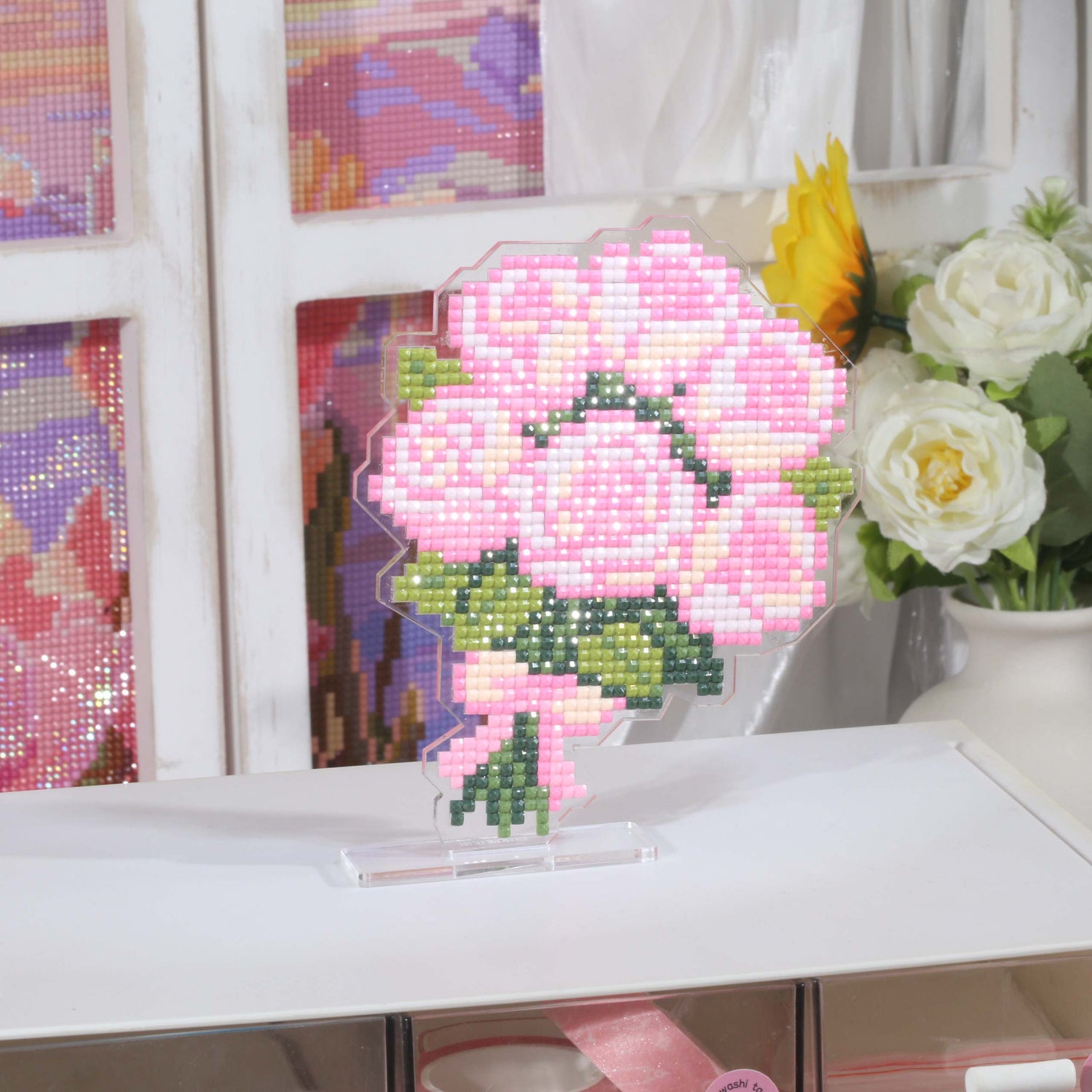 Pink Rose Bouquet Acrylic Diamond Art Display Stand