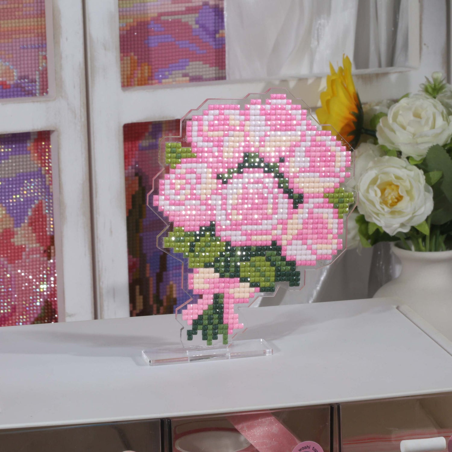 Pink Rose Bouquet Acrylic Diamond Art Display Stand