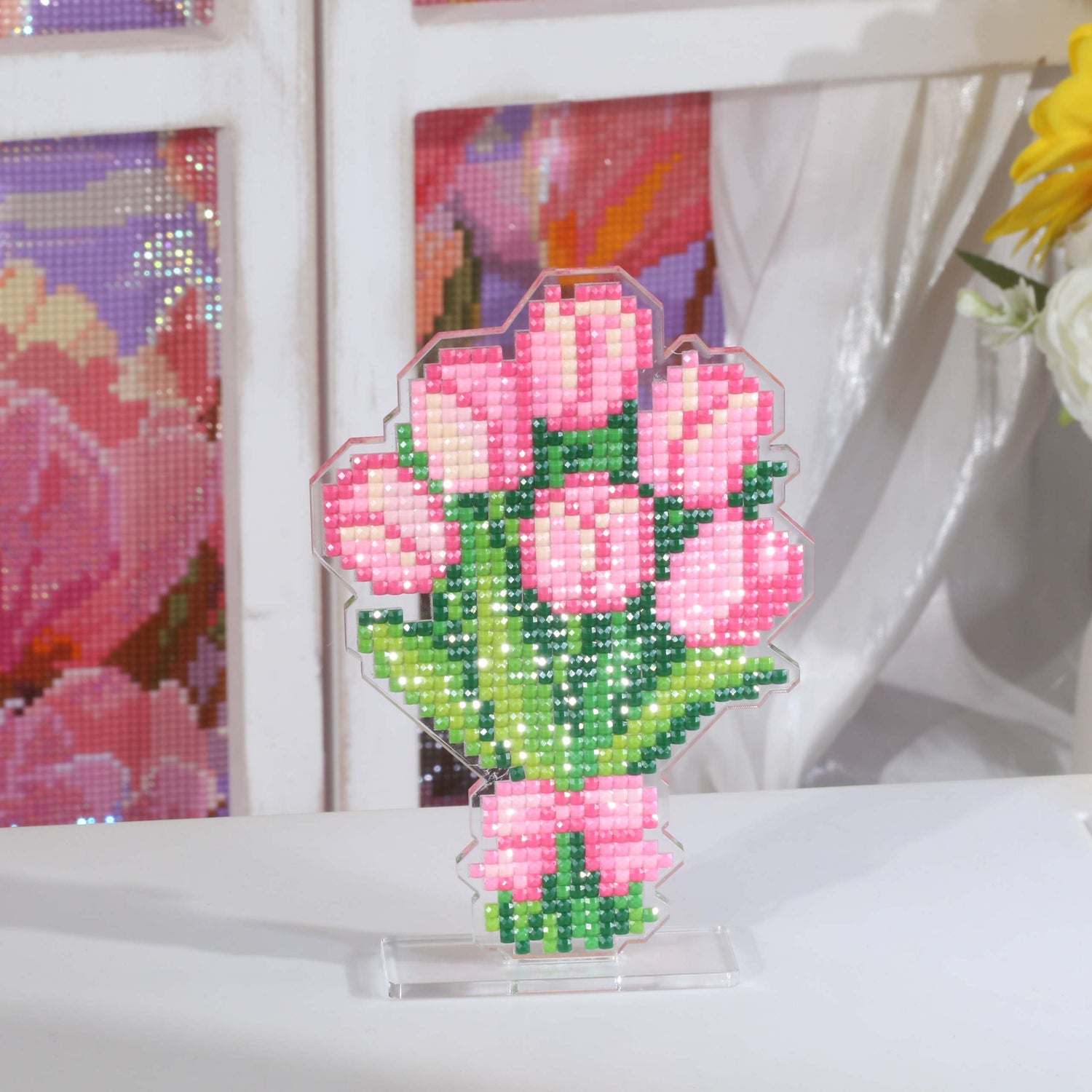 Pink Tulip Bouquet Acrylic Diamond Art Display Stand