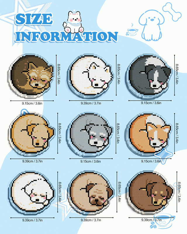Cute Dog Diamond Painting Coaster Set | 9-Piece DIY Acrylic Drink Coasters
