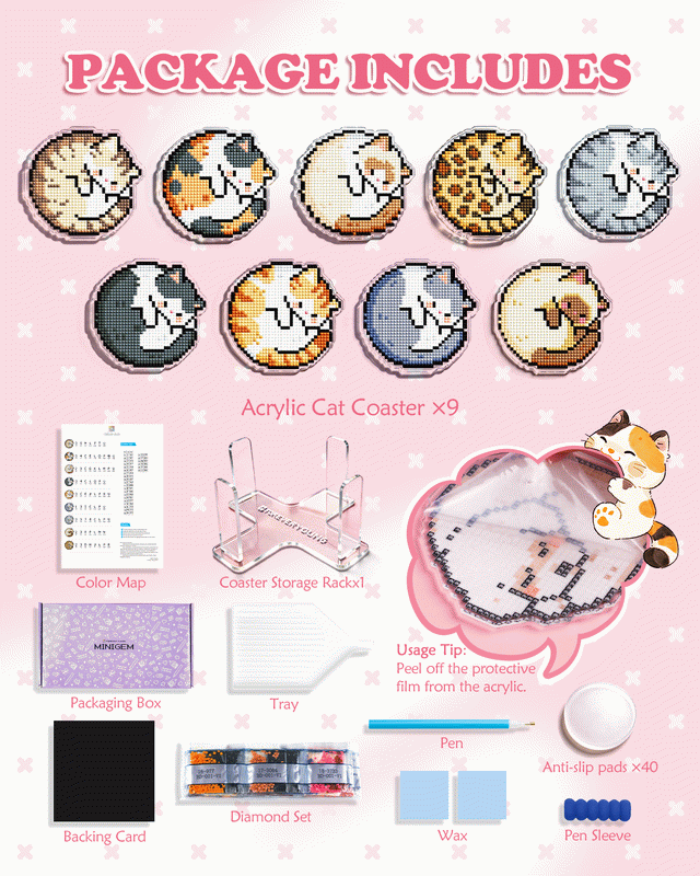 Cat Lover Diamond Painting Coaster Set | 9-Piece DIY Sparkling Acrylic Drink Coasters