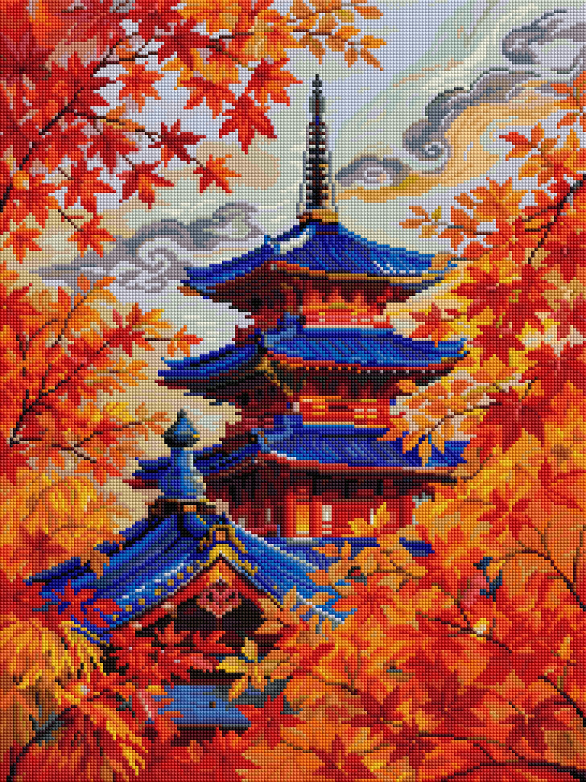 Autumn Maple Leaves Chinese Pavilion Diamond Painting