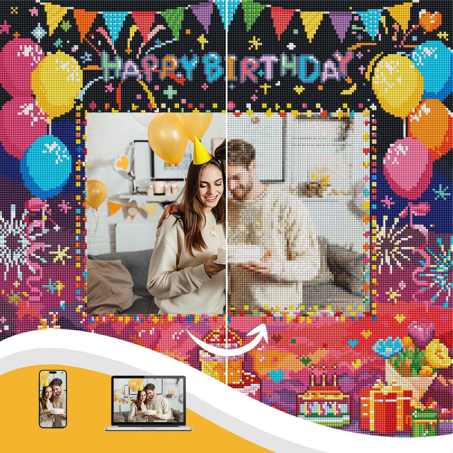 Birthday Custom Diamond Painting from Photo, Happy Birthday DIY Personalized Diamond Art Painting Kits