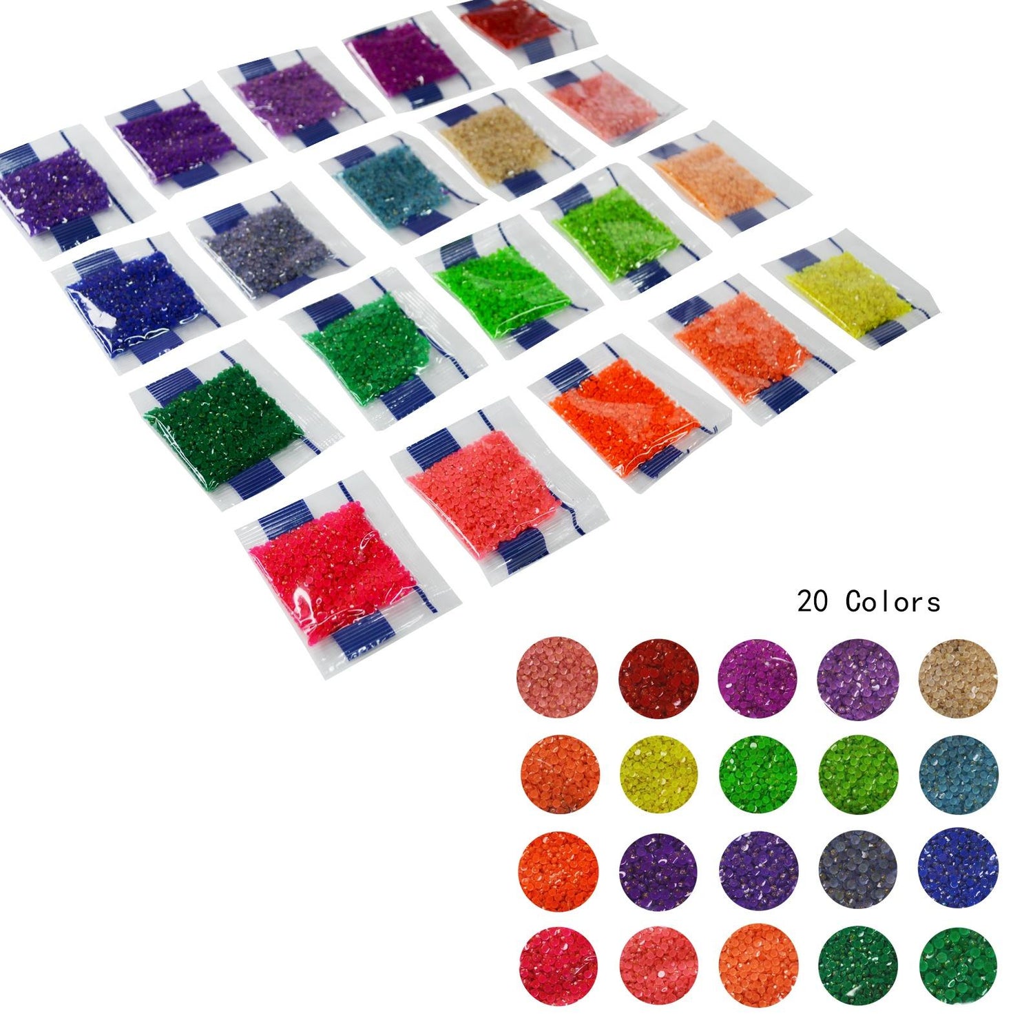 Runde Glitzerperlen in 20 Farben für Diamantmalerei.