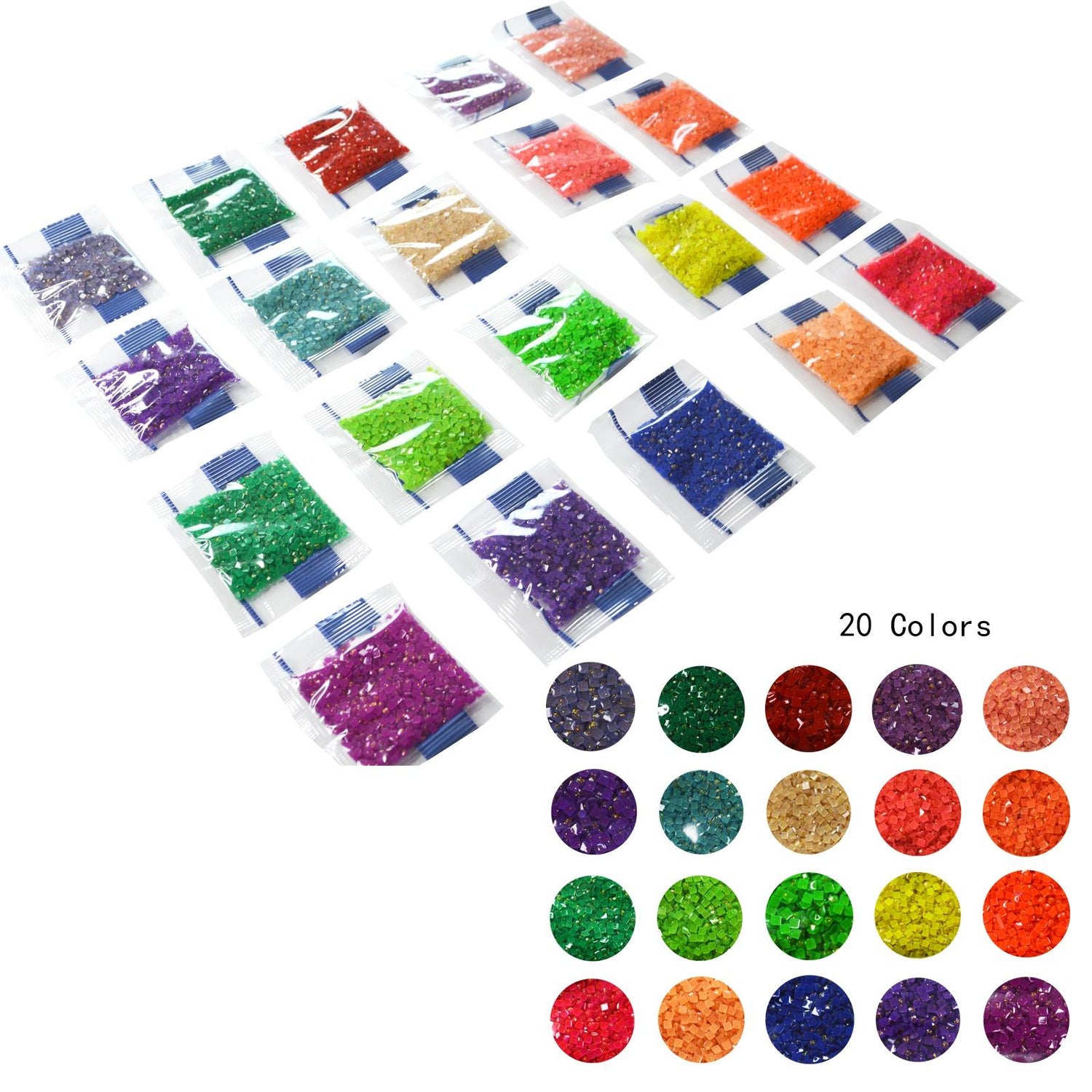 Quadratische Glitzerperlen in 20 Farben für Diamantmalerei.