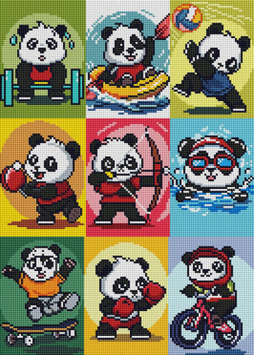 Panda Olympic Mini Art Series - Set of 9 | 4" x 6" (11cm x 15.4cm) | Resin Square & Sugar Dust Diamonds