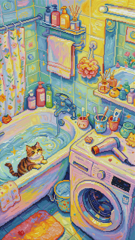 Whimsical Cat Bathroom Diamond Painting – Colorful DIY Diamond Art Kit for Craft Lovers
