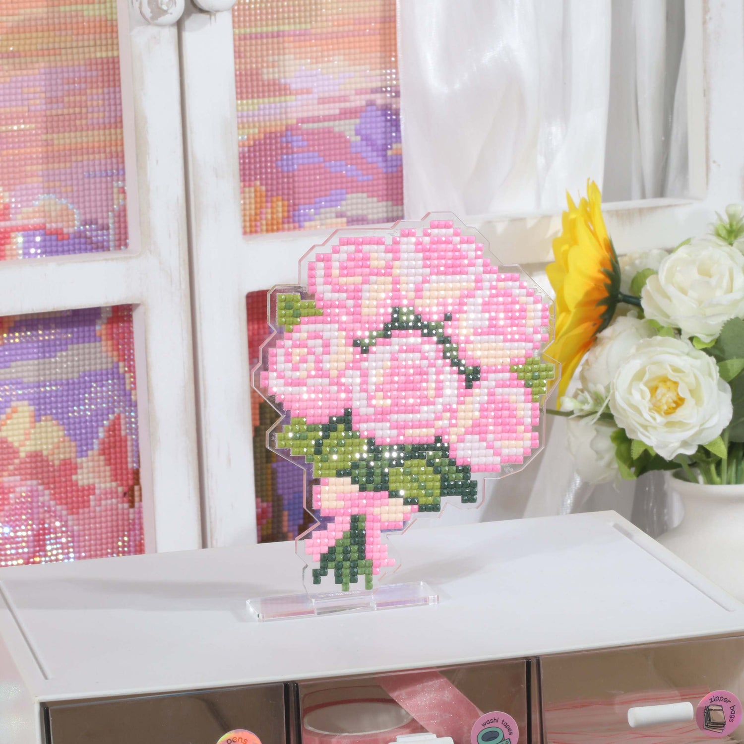 Pink Rose Bouquet Acrylic Diamond Art Display Stand