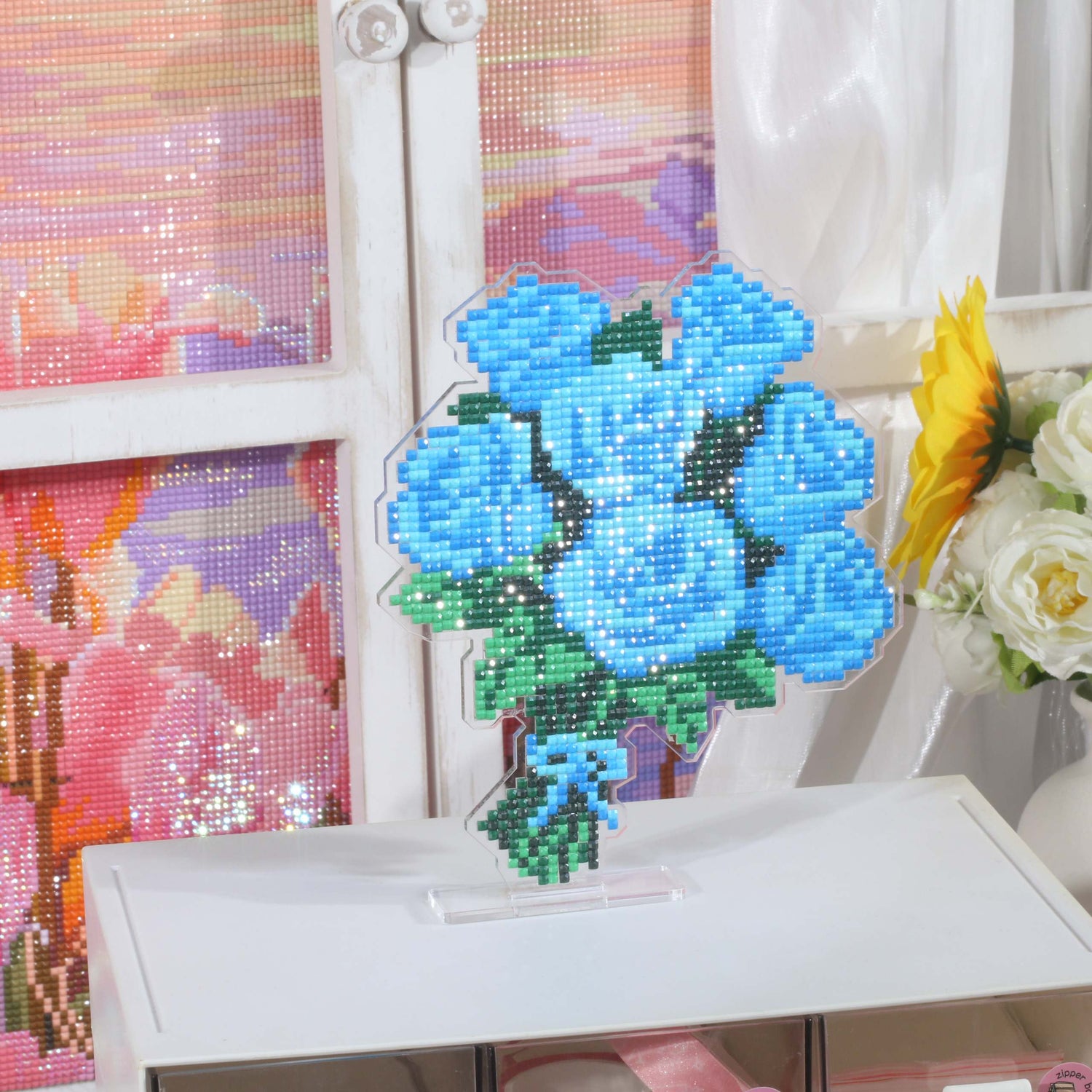 Blue Rose Bouquet Acrylic Diamond Art Display Stand