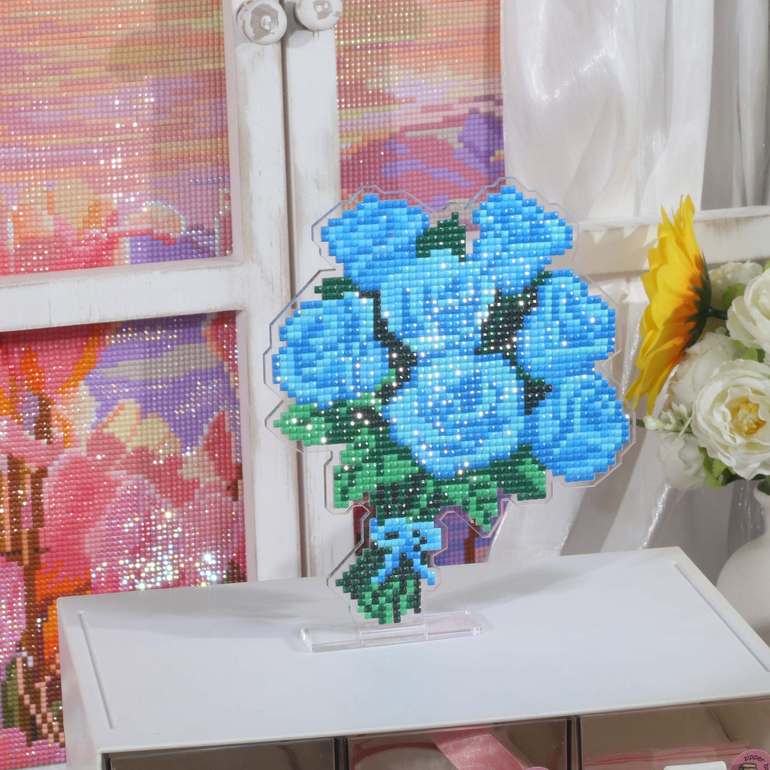 Blue Rose Bouquet Acrylic Diamond Art Display Stand