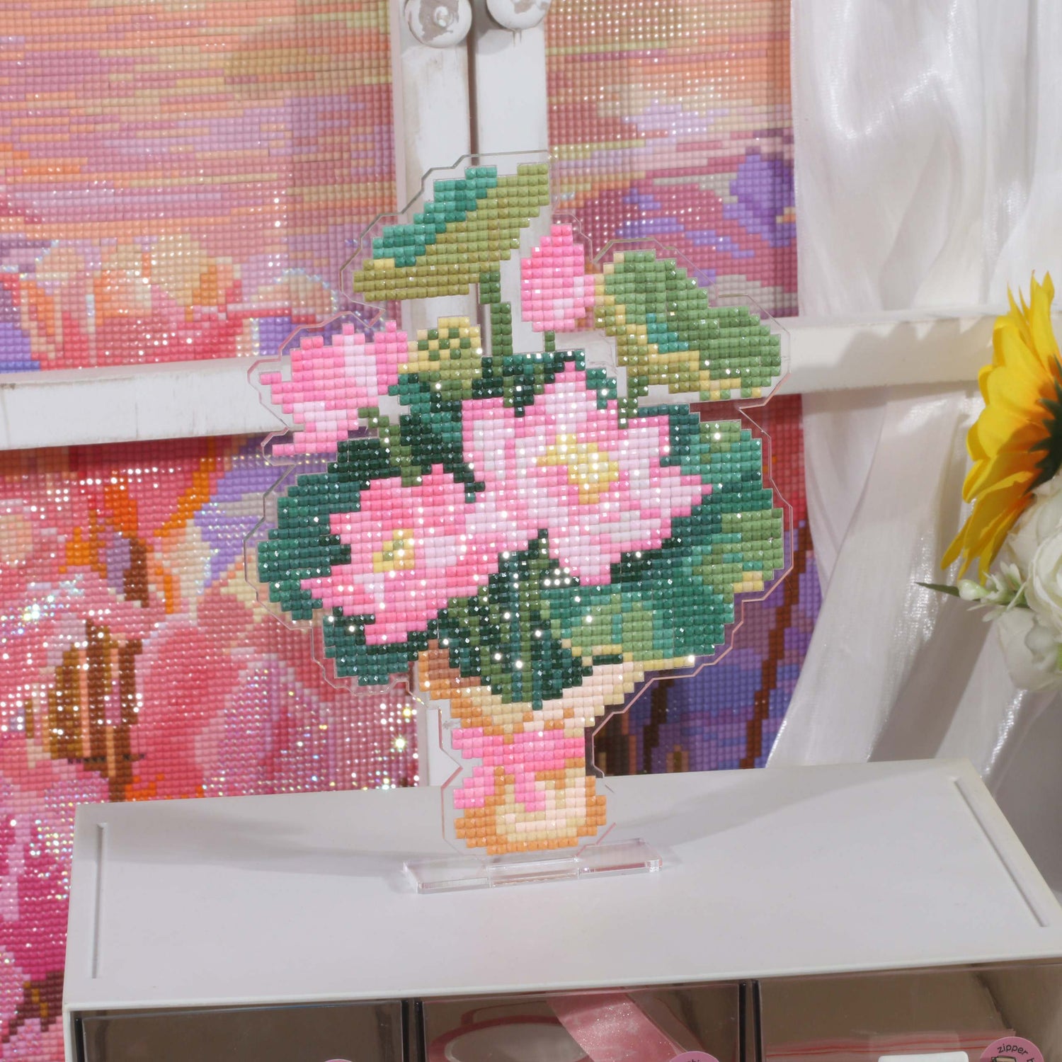 Pink Lotus Bouquet Acrylic Diamond Art Display Stand