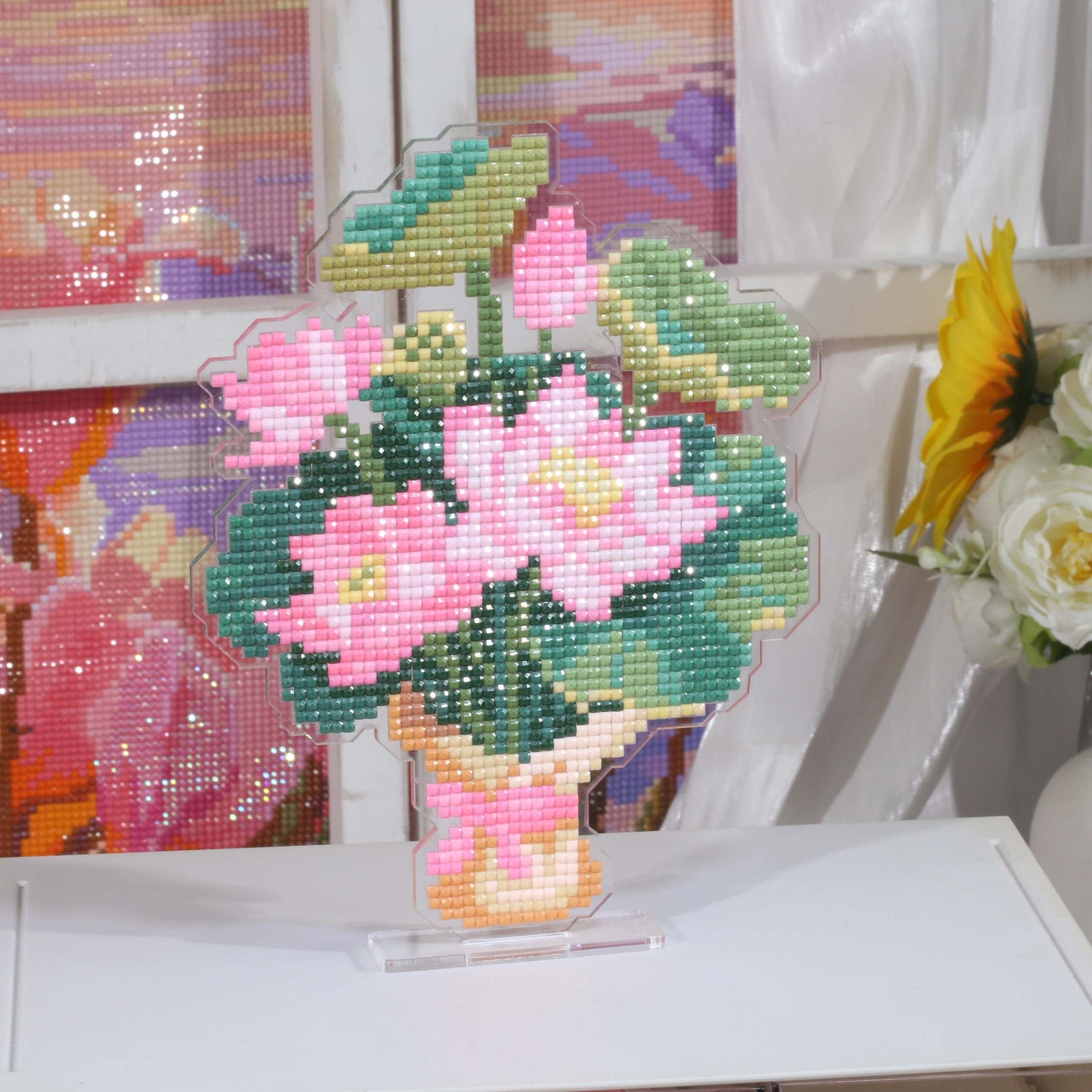 Pink Lotus Bouquet Acrylic Diamond Art Display Stand