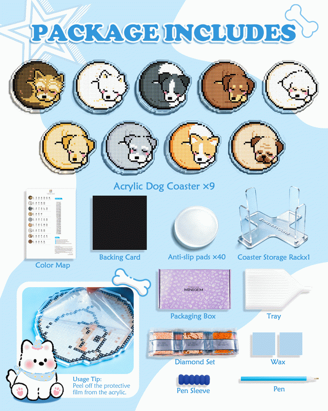 Cute Dog Diamond Painting Coaster Set | 9-Piece DIY Acrylic Drink Coasters