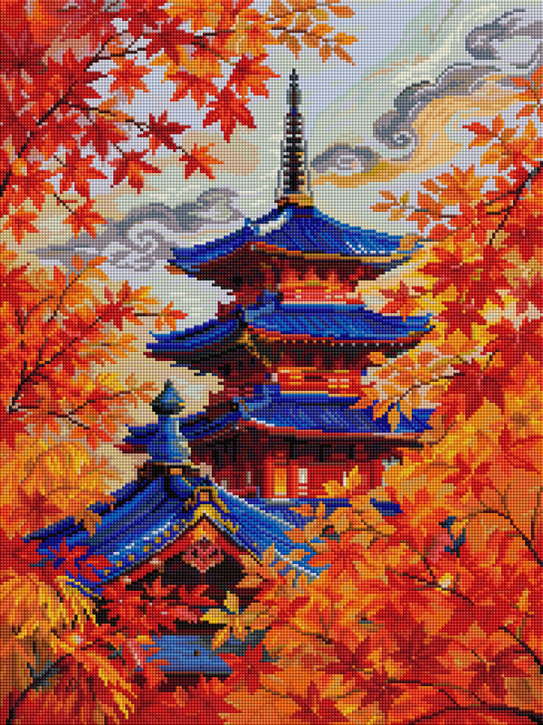 Autumn Maple Leaves Chinese Pavilion Diamond Painting