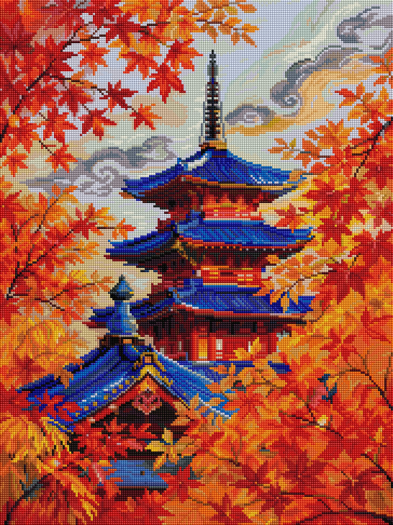 Autumn Maple Leaves Chinese Pavilion Diamond Painting