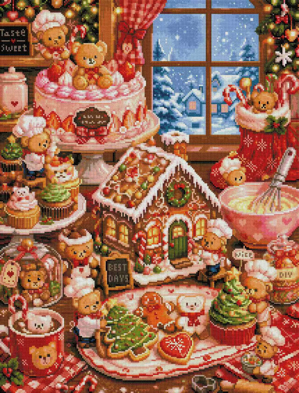 Teddy Bear Christmas Kitchen Diamond Painting Kit – Gingerbread House Holiday Diamond Art
