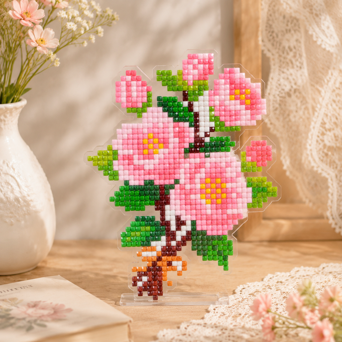 LumiGem Pink Camellia Bouquet Diamond Painting Stand