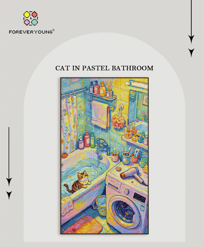 Whimsical Cat Bathroom Diamond Painting – Colorful DIY Diamond Art Kit for Craft Lovers