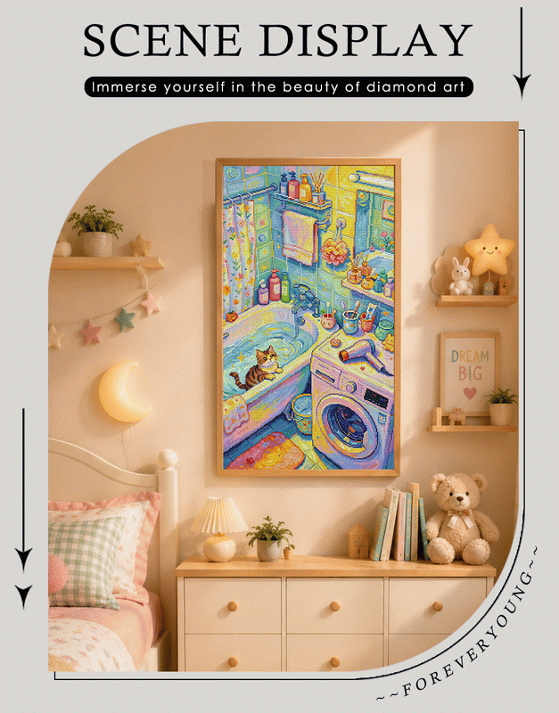Whimsical Cat Bathroom Diamond Painting – Colorful DIY Diamond Art Kit for Craft Lovers