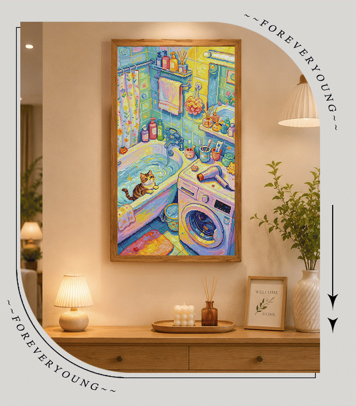 Whimsical Cat Bathroom Diamond Painting – Colorful DIY Diamond Art Kit for Craft Lovers