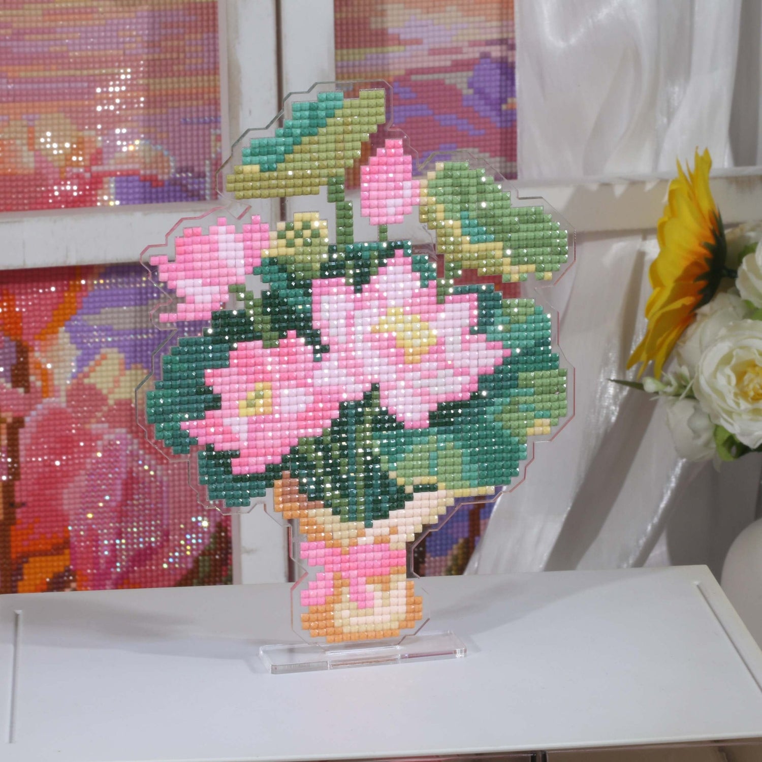 Pink Lotus Bouquet Acrylic Diamond Art Display Stand - Forever Young®️ DIY - 