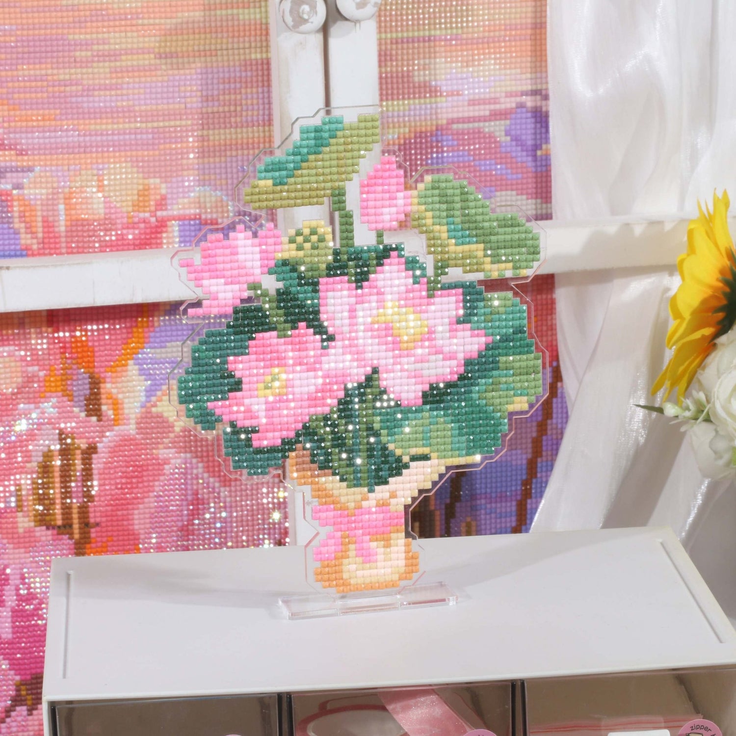 Pink Lotus Bouquet Acrylic Diamond Art Display Stand - Forever Young®️ DIY - 
