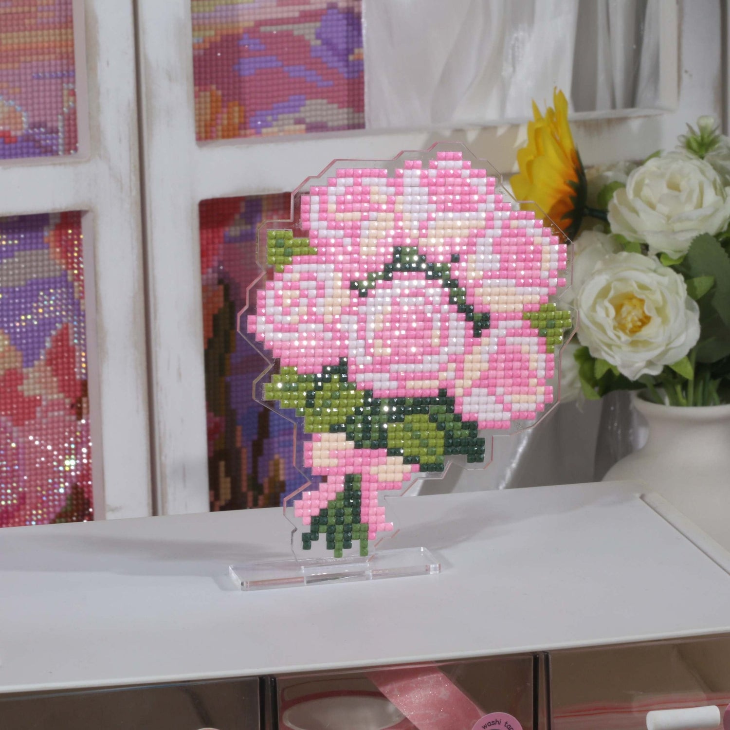 Pink Rose Bouquet Acrylic Diamond Art Display Stand - Forever Young®️ DIY - 