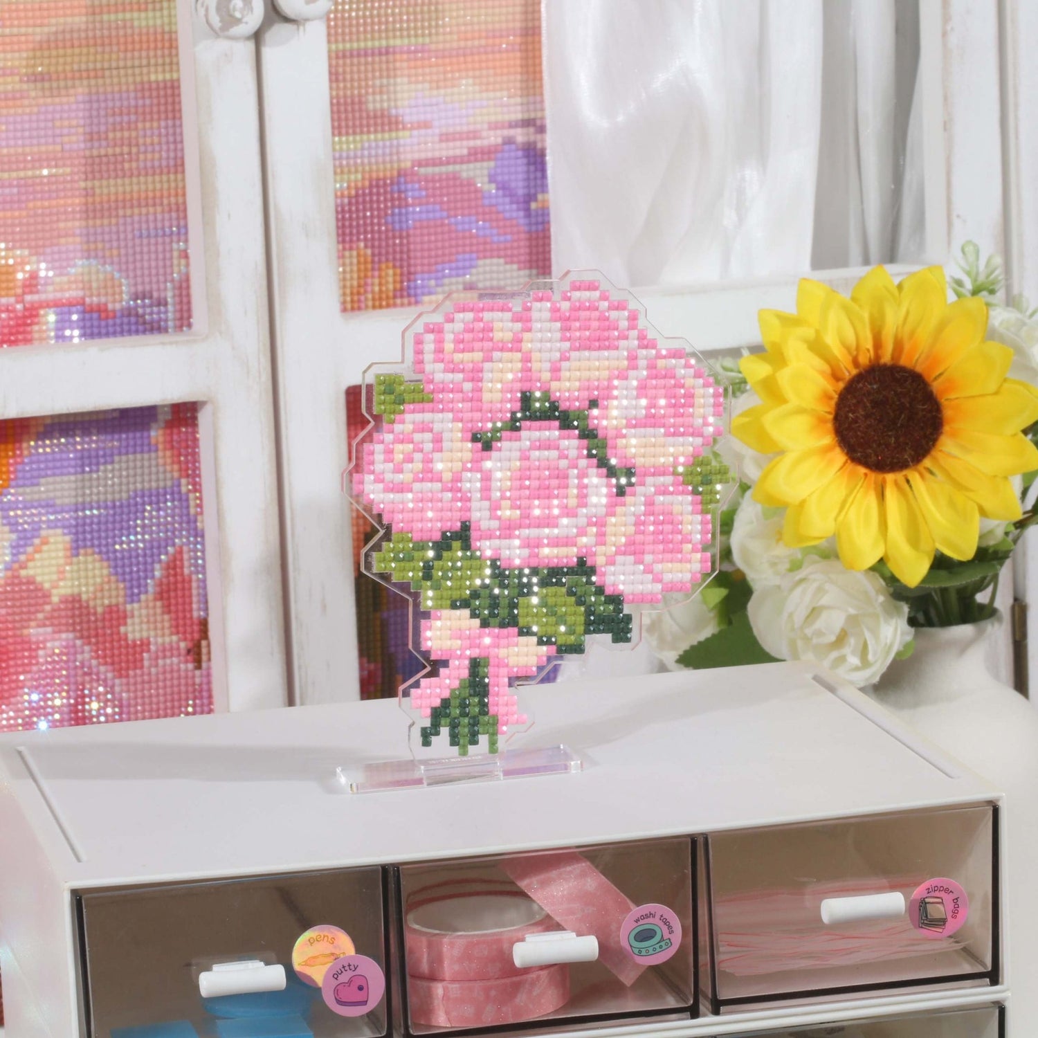 Pink Rose Bouquet Acrylic Diamond Art Display Stand - Forever Young®️ DIY - 