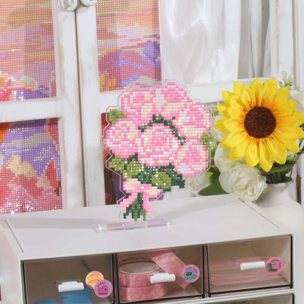 Pink Rose Bouquet Acrylic Diamond Art Display Stand - Forever Young®️ DIY - 